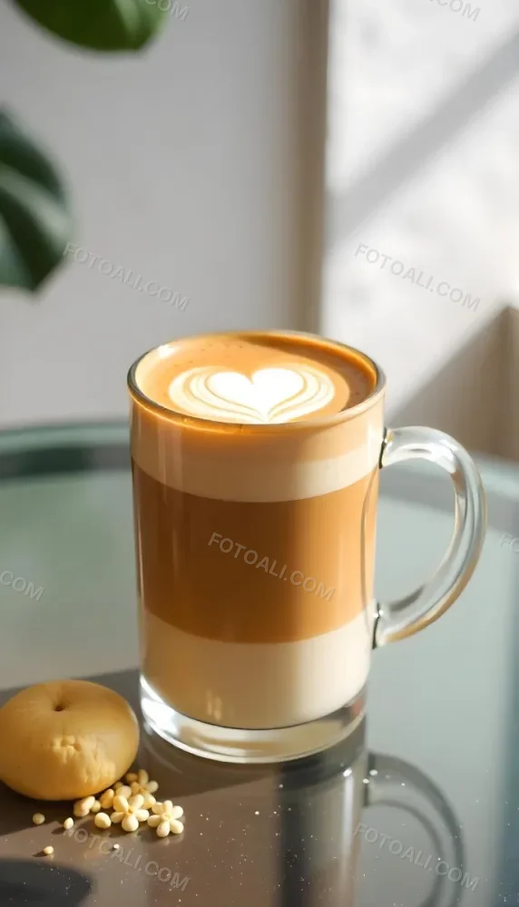 A Clear Glass Mug Filled With Latte Art Featuring A Heart Design On A Glass Table With A White Wall Background And Sunlight 2 5488