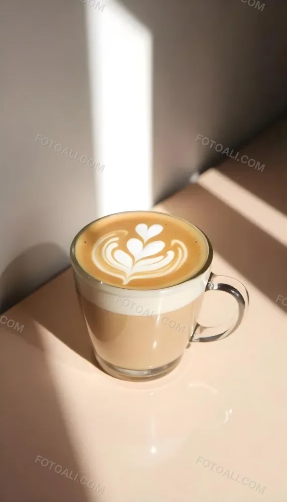 A Clear Glass Mug Filled With Latte Art Featuring A Heart Design On A Glass Table With A White Wall Background And Sunlight 25 B931