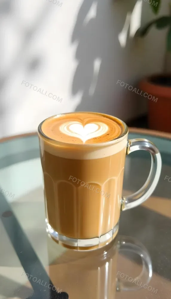 A Clear Glass Mug Filled With Latte Art Featuring A Heart Design On A Glass Table With A White Wall Background And Sunlight 28 4d0b