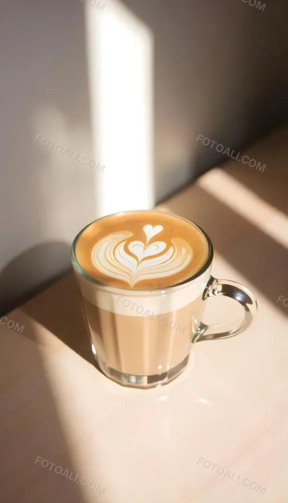 A Clear Glass Mug Filled With Latte Art Featuring A Heart Design On A Glass Table With A White Wall Background And Sunlight 3 5550