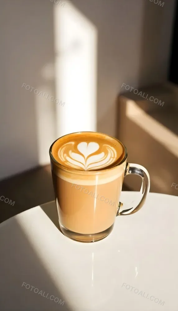 A Clear Glass Mug Filled With Latte Art Featuring A Heart Design On A Glass Table With A White Wall Background And Sunlight 35 B943