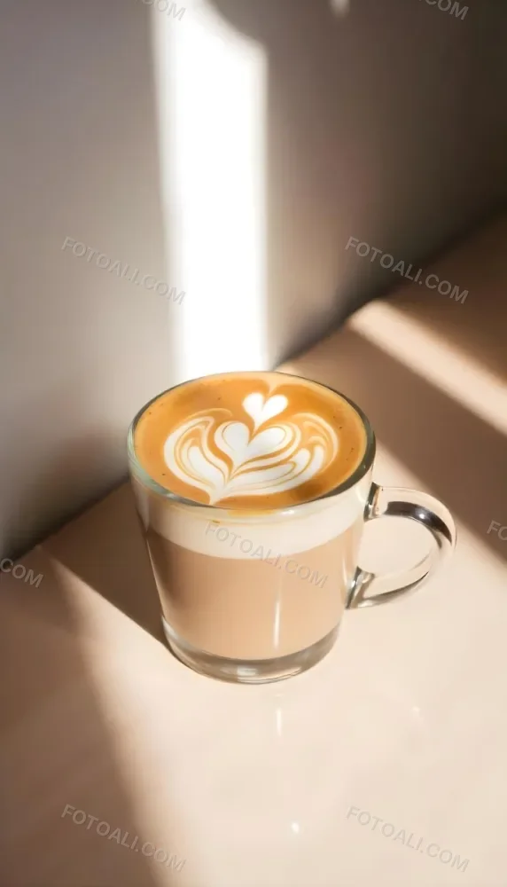 A Clear Glass Mug Filled With Latte Art Featuring A Heart Design On A Glass Table With A White Wall Background And Sunlight 40 77b2