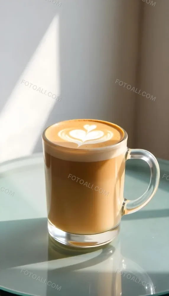 A Clear Glass Mug Filled With Latte Art Featuring A Heart Design On A Glass Table With A White Wall Background And Sunlight 41 08bb