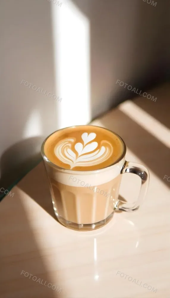 A Clear Glass Mug Filled With Latte Art Featuring A Heart Design On A Glass Table With A White Wall Background And Sunlight 42 9906