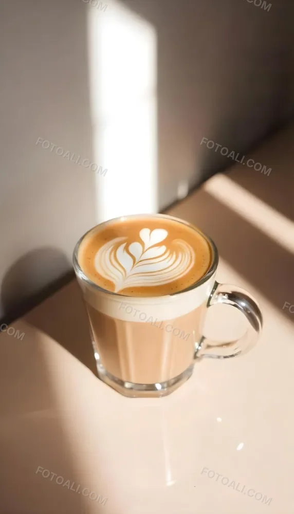 A Clear Glass Mug Filled With Latte Art Featuring A Heart Design On A Glass Table With A White Wall Background And Sunlight 5 4d52