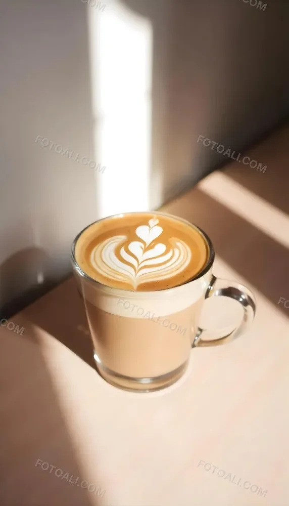 A Clear Glass Mug Filled With Latte Art Featuring A Heart Design On A Glass Table With A White Wall Background And Sunlight 50 E938