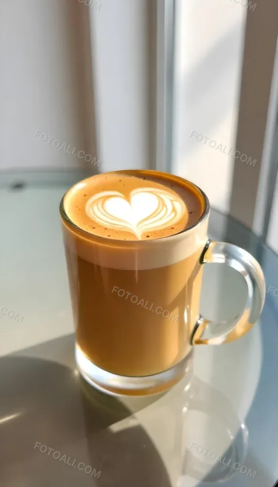 A Clear Glass Mug Filled With Latte Art Featuring A Heart Design On A Glass Table With A White Wall Background And Sunlight 8 9111