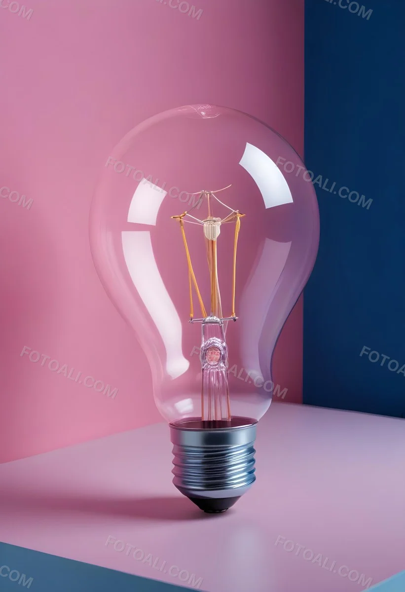 A Clear Light Bulb Lying On A Pink Surface With A Blue Background The Bulb Has A Classic Filament Design Visible Inside The Color Contrast Between The Pink And Blue Creates A Vibrant Aesthetic 11 A238