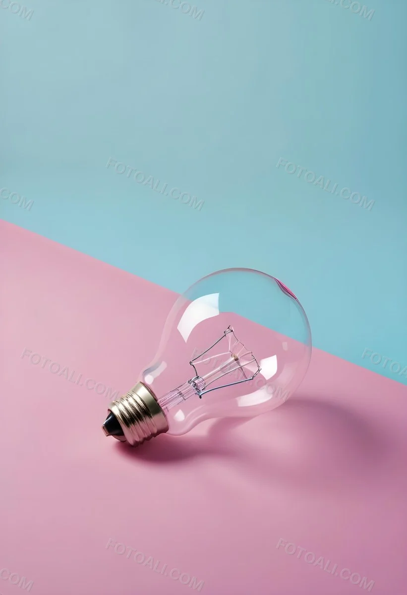 A Clear Light Bulb Lying On A Pink Surface With A Blue Background The Bulb Has A Classic Filament Design Visible Inside The Color Contrast Between The Pink And Blue Creates A Vibrant Aesthetic 15 3a1f