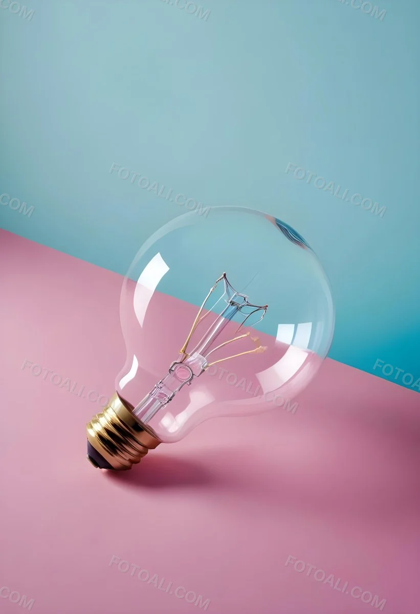 A Clear Light Bulb Lying On A Pink Surface With A Blue Background The Bulb Has A Classic Filament Design Visible Inside The Color Contrast Between The Pink And Blue Creates A Vibrant Aesthetic 21 Cae1