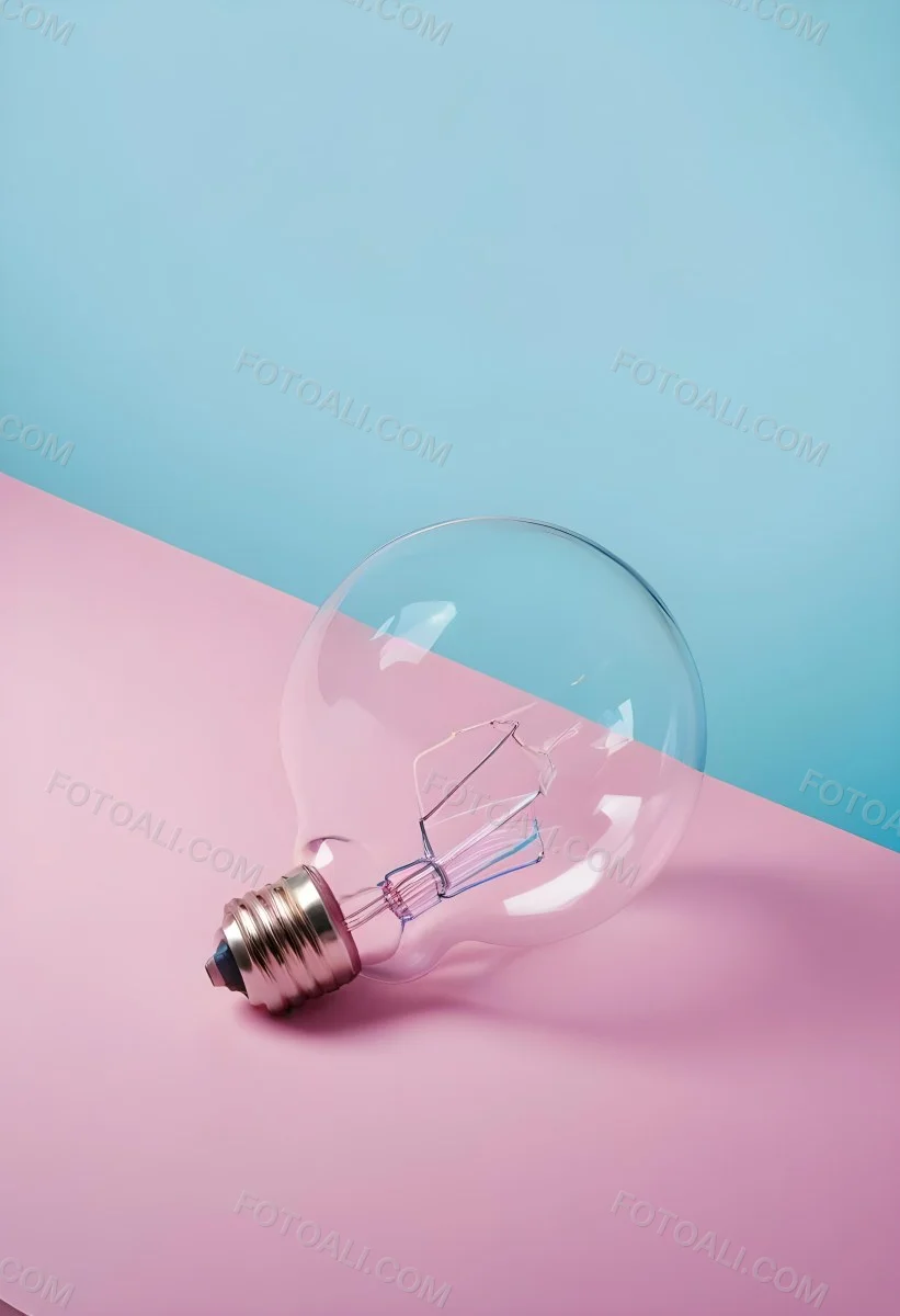 A Clear Light Bulb Lying On A Pink Surface With A Blue Background The Bulb Has A Classic Filament Design Visible Inside The Color Contrast Between The Pink And Blue Creates A Vibrant Aesthetic 22 5ee4