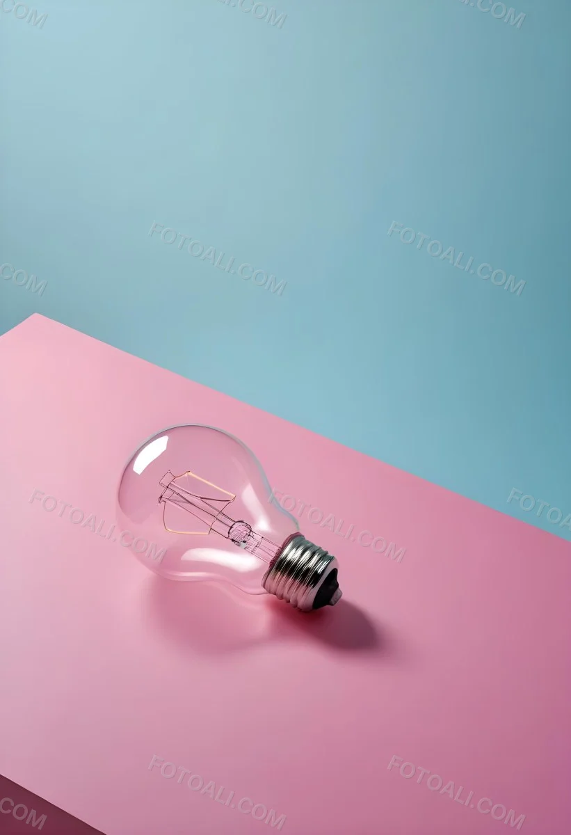 A Clear Light Bulb Lying On A Pink Surface With A Blue Background The Bulb Has A Classic Filament Design Visible Inside The Color Contrast Between The Pink And Blue Creates A Vibrant Aesthetic 25 5e68