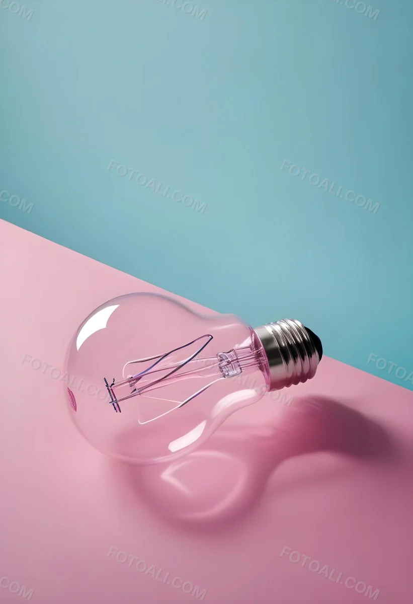 A Clear Light Bulb Lying On A Pink Surface With A Blue Background The Bulb Has A Classic Filament Design Visible Inside The Color Contrast Between The Pink And Blue Creates A Vibrant Aesthetic 27 F7e0