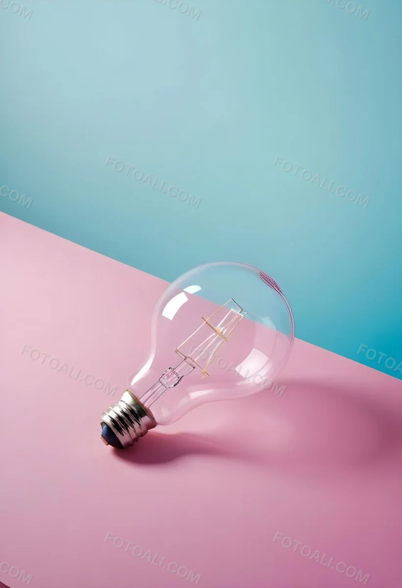 A Clear Light Bulb Lying On A Pink Surface With A Blue Background The Bulb Has A Classic Filament Design Visible Inside The Color Contrast Between The Pink And Blue Creates A Vibrant Aesthetic 31 Bba3