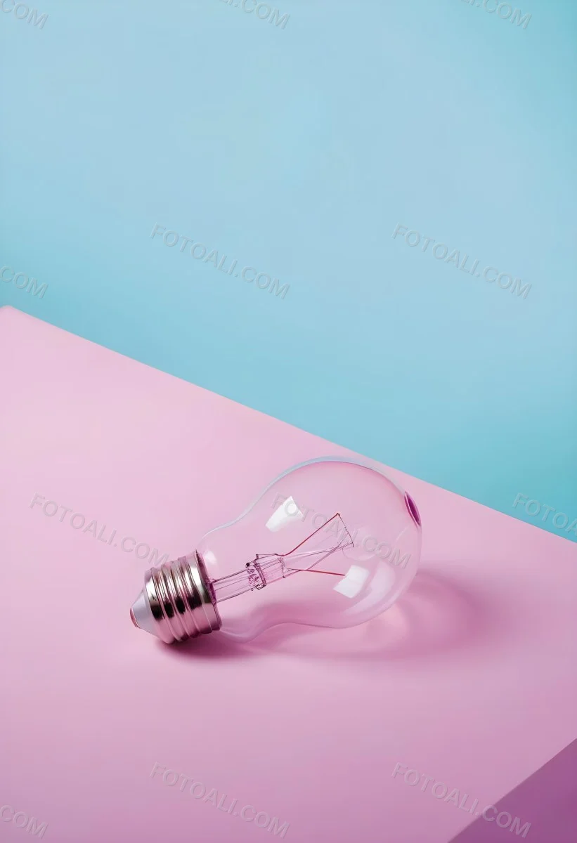 A Clear Light Bulb Lying On A Pink Surface With A Blue Background The Bulb Has A Classic Filament Design Visible Inside The Color Contrast Between The Pink And Blue Creates A Vibrant Aesthetic 4 45a3