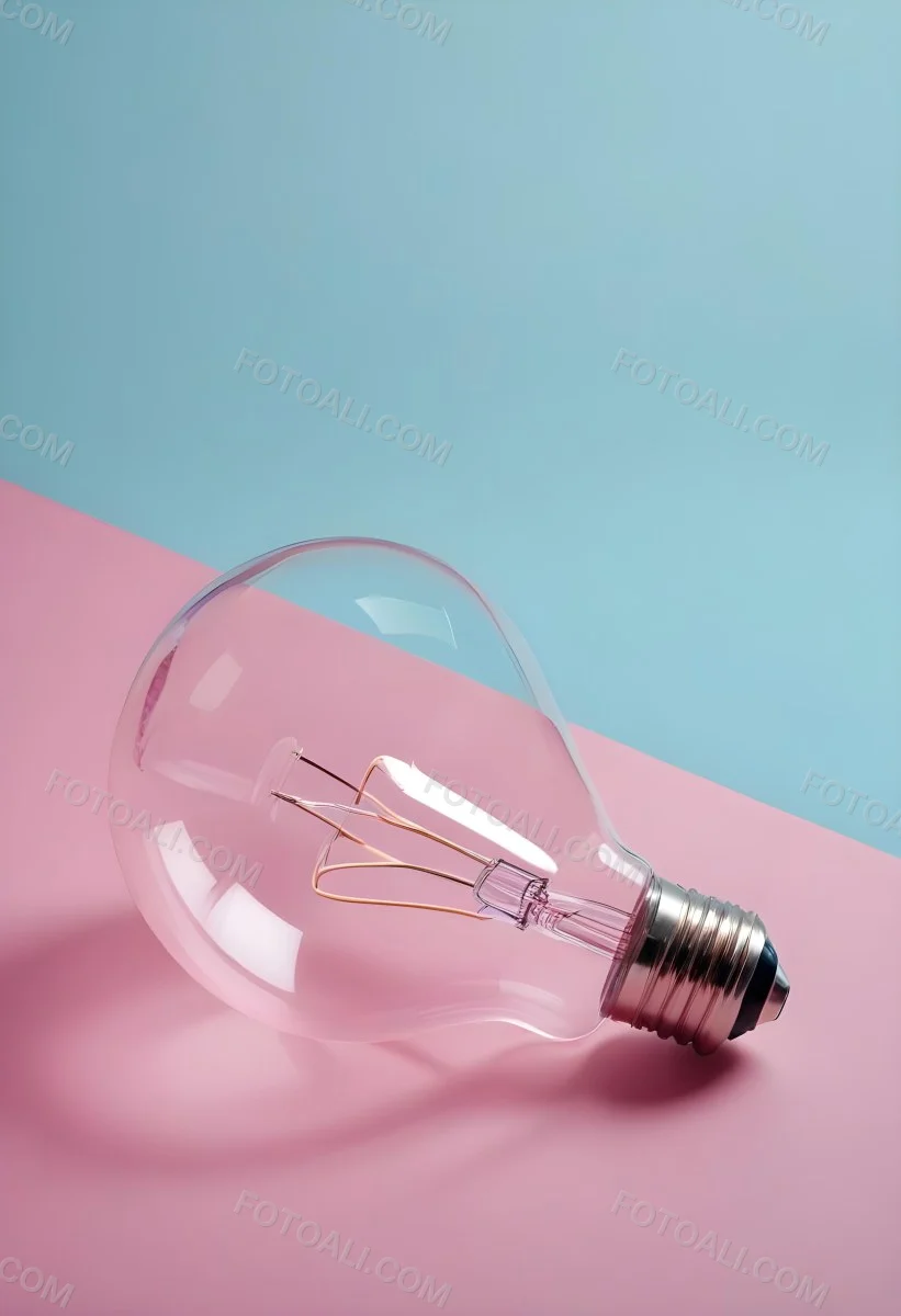 A Clear Light Bulb Lying On A Pink Surface With A Blue Background The Bulb Has A Classic Filament Design Visible Inside The Color Contrast Between The Pink And Blue Creates A Vibrant Aesthetic 5 B491