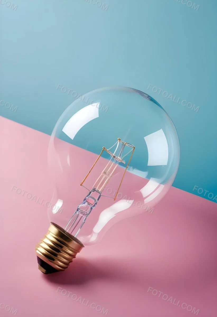 A Clear Light Bulb Lying On A Pink Surface With A Blue Background The Bulb Has A Classic Filament Design Visible Inside The Color Contrast Between The Pink And Blue Creates A Vibrant Aesthetic 7 436e