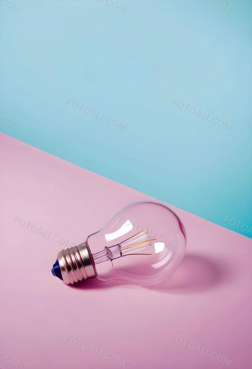 A Clear Light Bulb Lying On A Pink Surface With A Blue Background The Bulb Has A Classic Filament Design Visible Inside The Color Contrast Between The Pink And Blue Creates A Vibrant Aesthetic 8 Cdfc