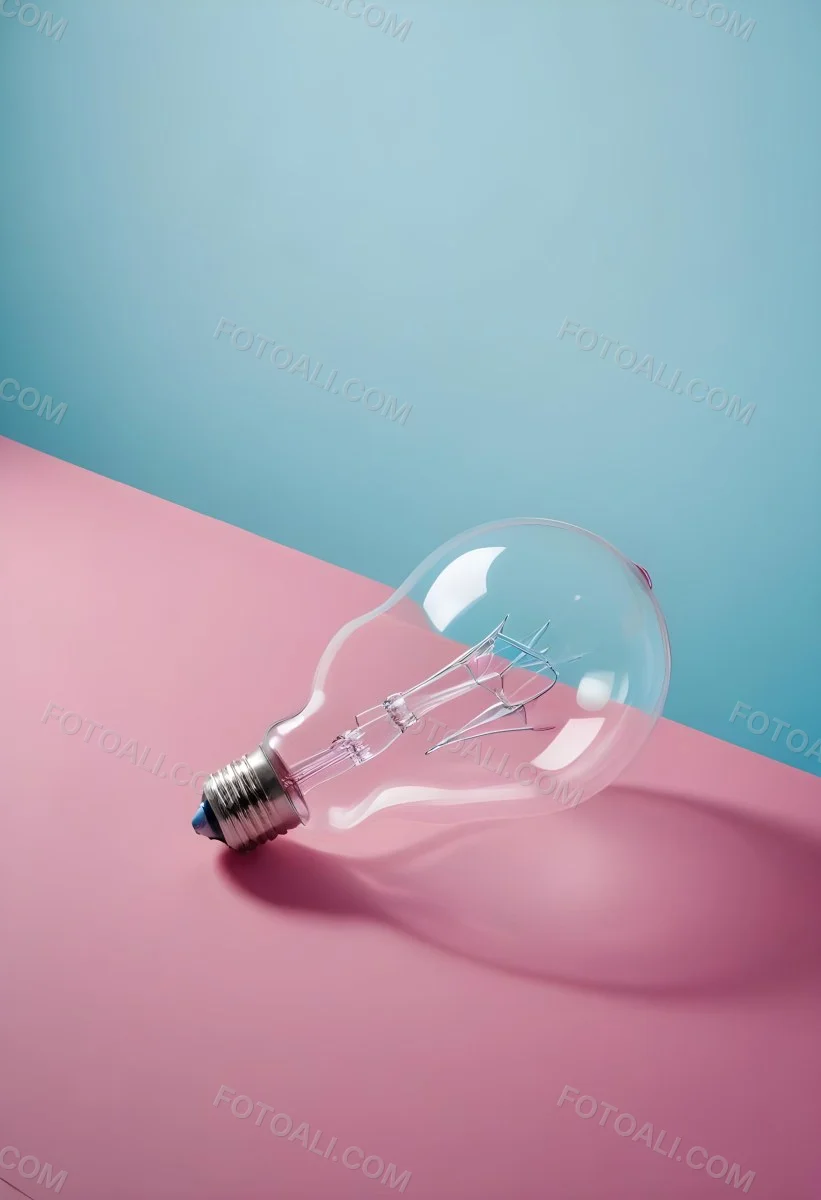A Clear Light Bulb Lying On A Pink Surface With A Blue Background The Bulb Has A Classic Filament Design Visible Inside The Color Contrast Between The Pink And Blue Creates A Vibrant Aesthetic 9 4048