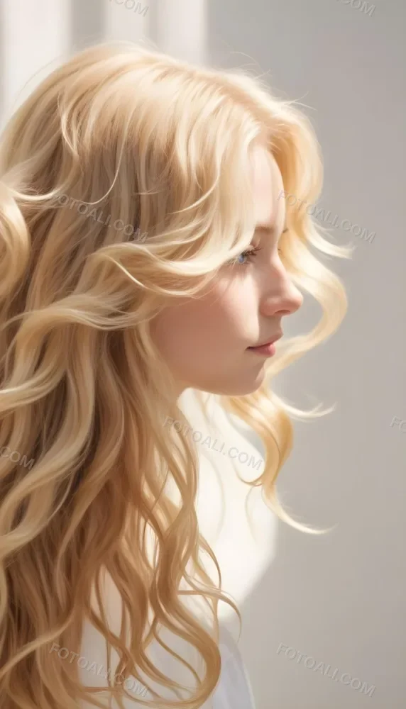 A Close Up Image Of Long Wavy Blonde Hair With Soft Sunlight Illuminating The Hair Against A Plain Background 2 745d