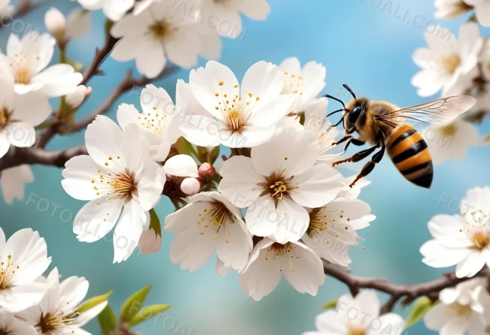 A Close Up Image Of White Cherry Blossom Flowers With A Bee In Flight Approaching The Flowers During The Day With A Background Of A Blurred Garden 6 0a4b