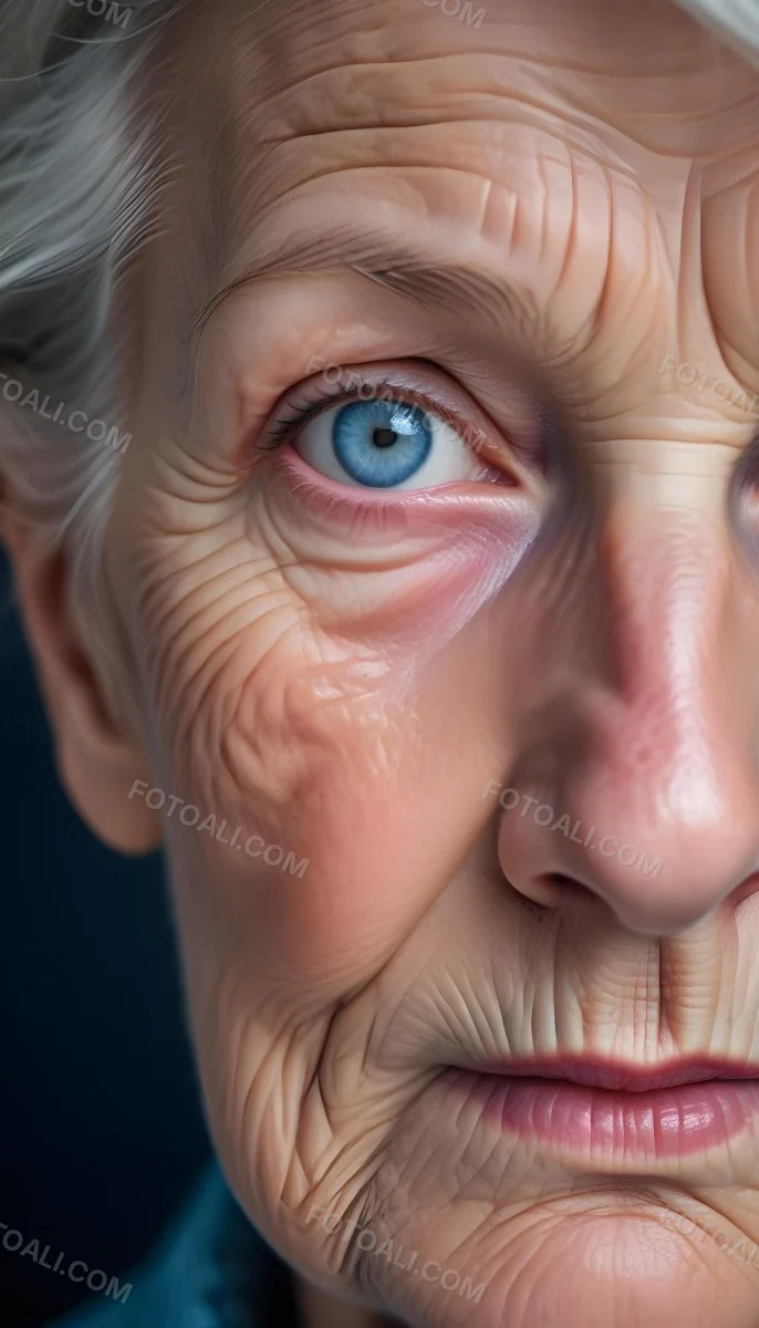 A Close Up Of A 80 Year Old White Woman With Blue Eyes Showing Deep Wrinkles And Skin Texture With A Dark Background 10 3cf8