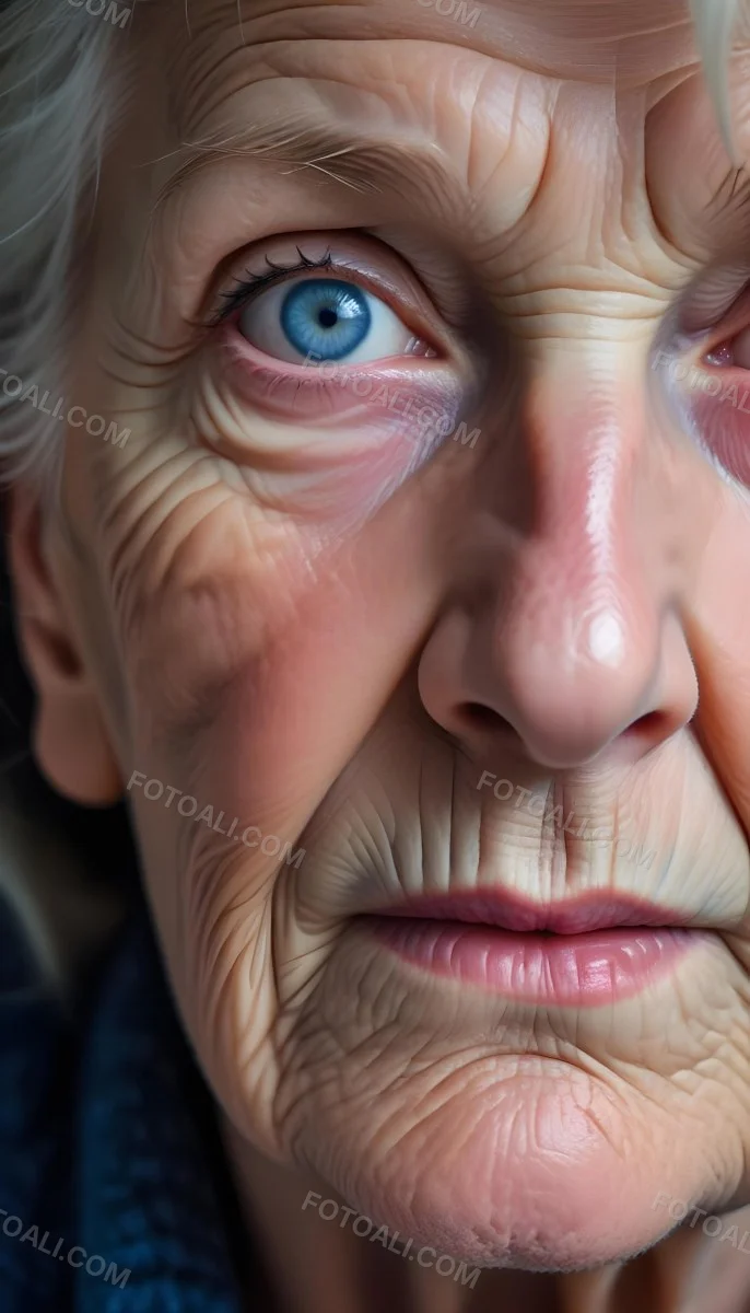 A Close Up Of A 80 Year Old White Woman With Blue Eyes Showing Deep Wrinkles And Skin Texture With A Dark Background 2 A21c