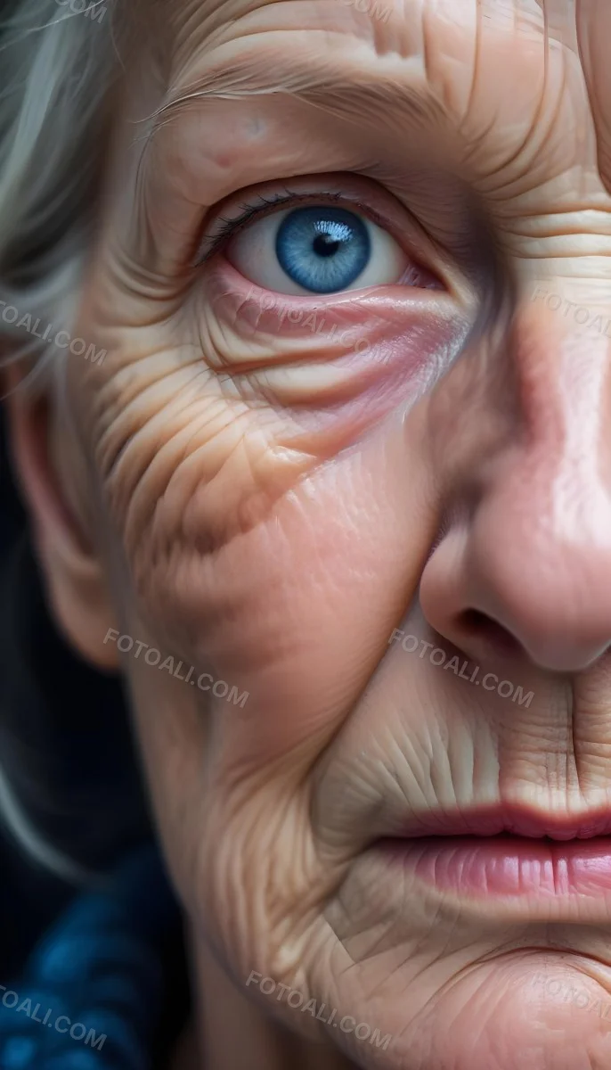 A Close Up Of A 80 Year Old White Woman With Blue Eyes Showing Deep Wrinkles And Skin Texture With A Dark Background 24 1228