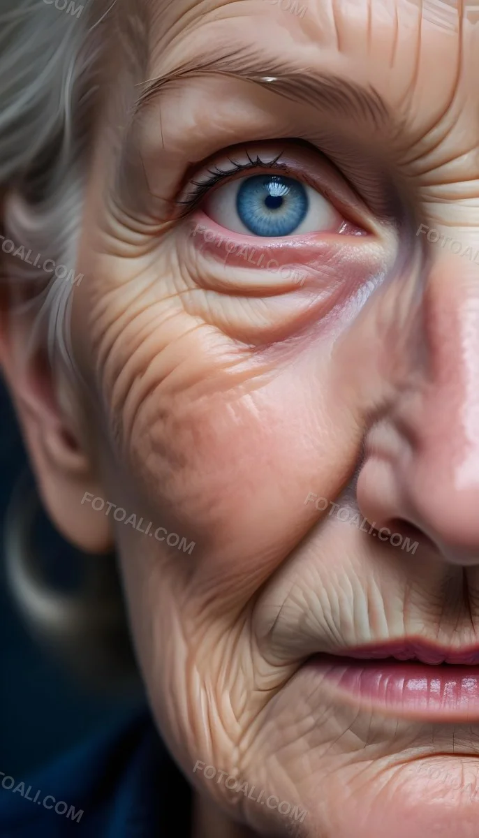 A Close Up Of A 80 Year Old White Woman With Blue Eyes Showing Deep Wrinkles And Skin Texture With A Dark Background 29 16d7