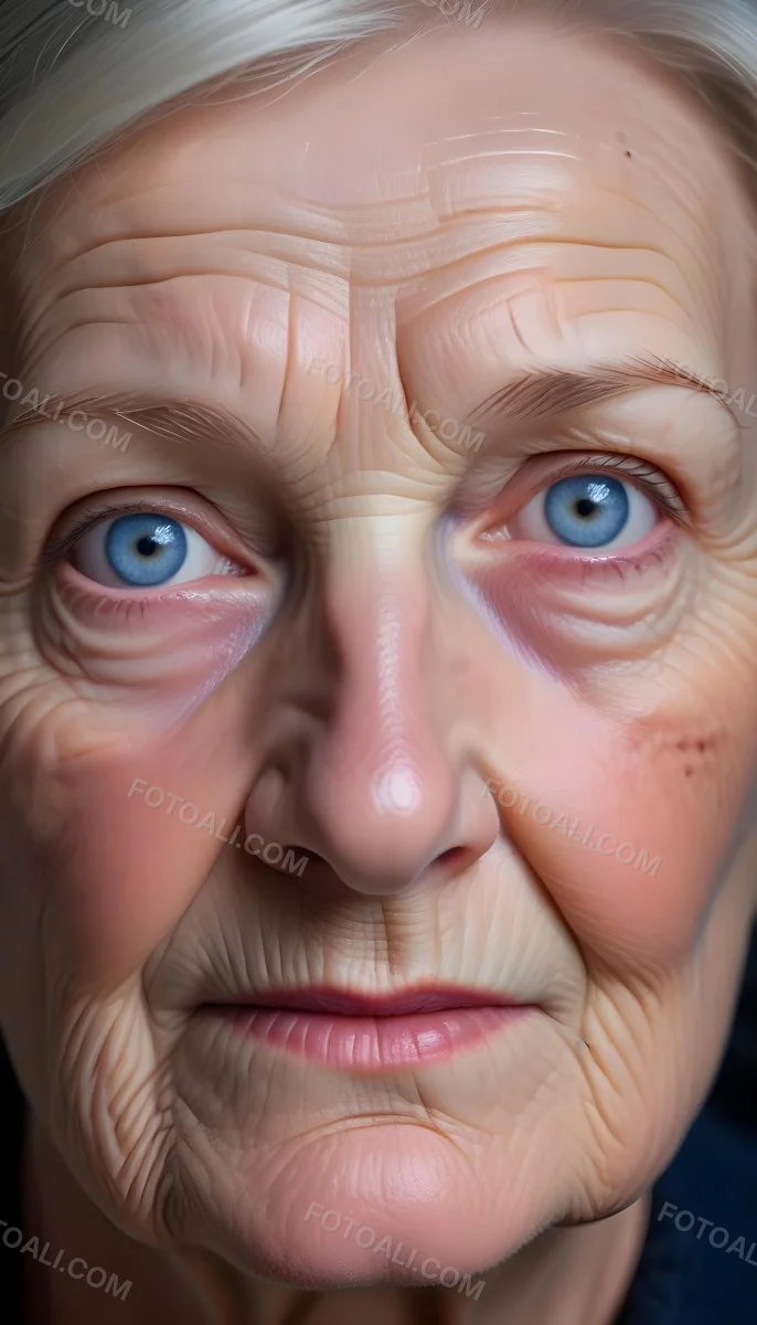 A Close Up Of A 80 Year Old White Woman With Blue Eyes Showing Deep Wrinkles And Skin Texture With A Dark Background 33 4069