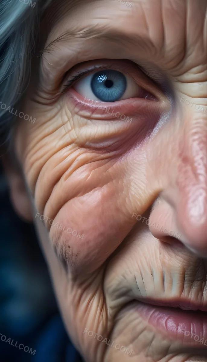 A Close Up Of A 80 Year Old White Woman With Blue Eyes Showing Deep Wrinkles And Skin Texture With A Dark Background 34 4715