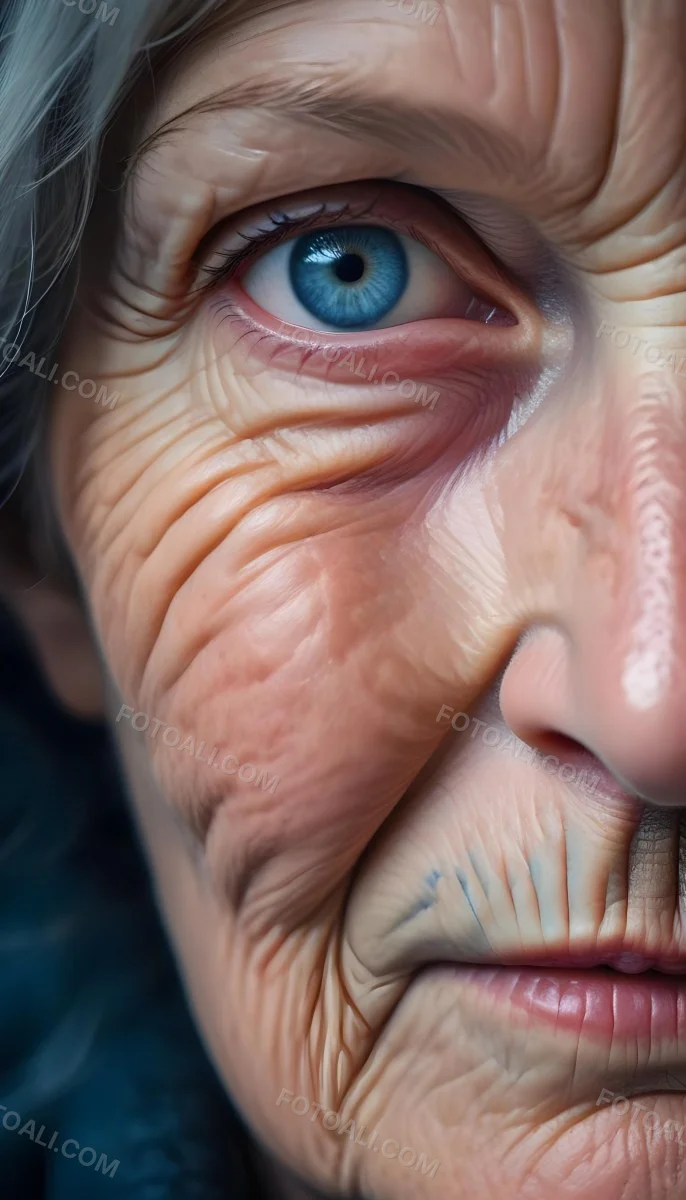 A Close Up Of A 80 Year Old White Woman With Blue Eyes Showing Deep Wrinkles And Skin Texture With A Dark Background 35 Ef64