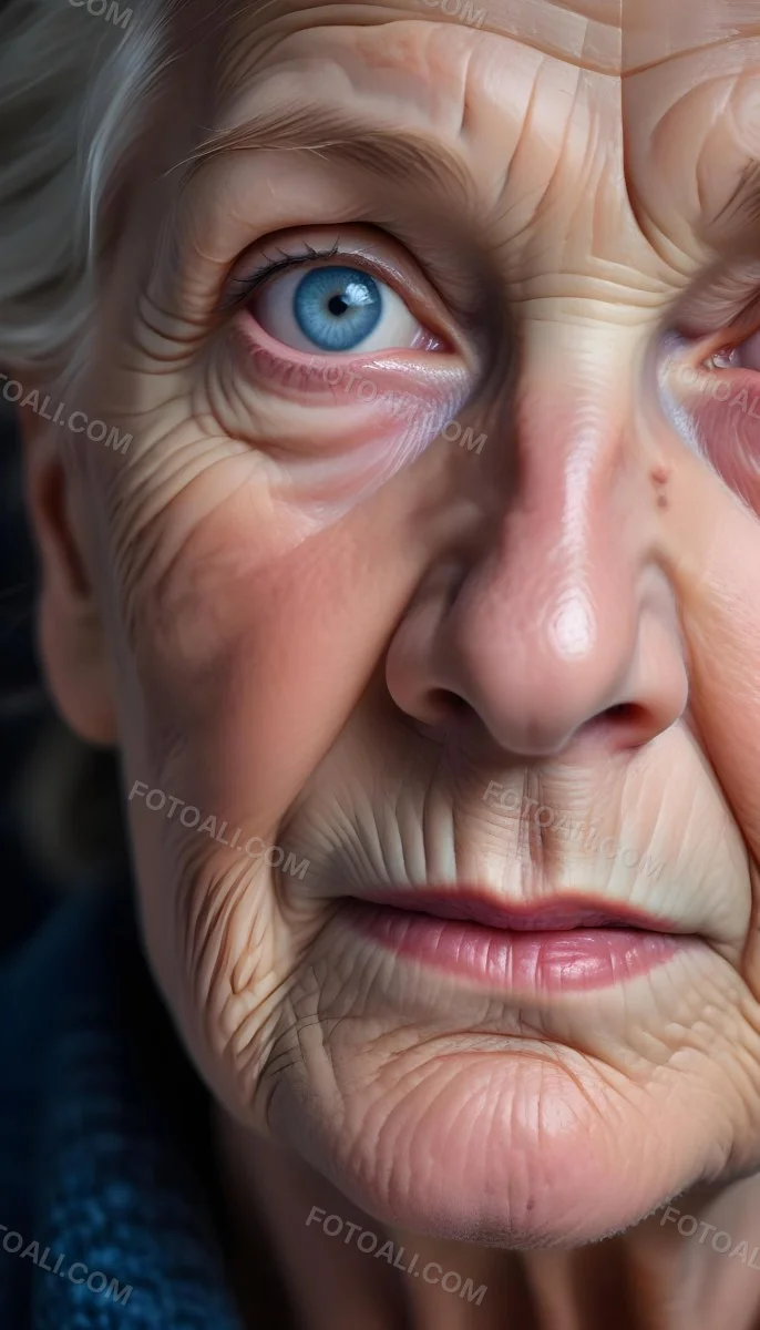 A Close Up Of A 80 Year Old White Woman With Blue Eyes Showing Deep Wrinkles And Skin Texture With A Dark Background 38 5deb