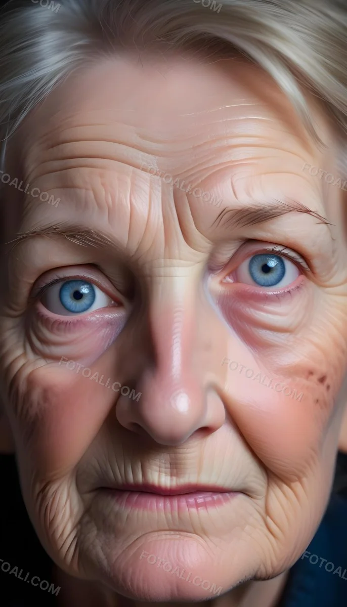 A Close Up Of A 80 Year Old White Woman With Blue Eyes Showing Deep Wrinkles And Skin Texture With A Dark Background 4 71bc