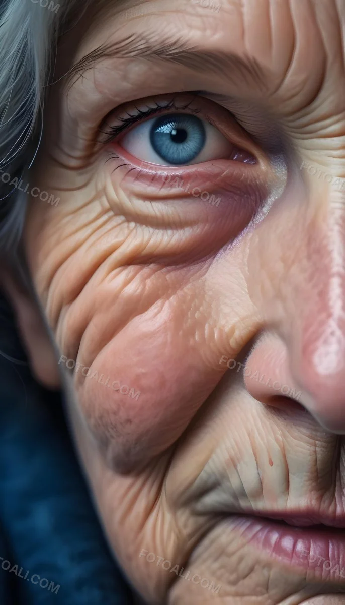A Close Up Of A 80 Year Old White Woman With Blue Eyes Showing Deep Wrinkles And Skin Texture With A Dark Background 5 A812