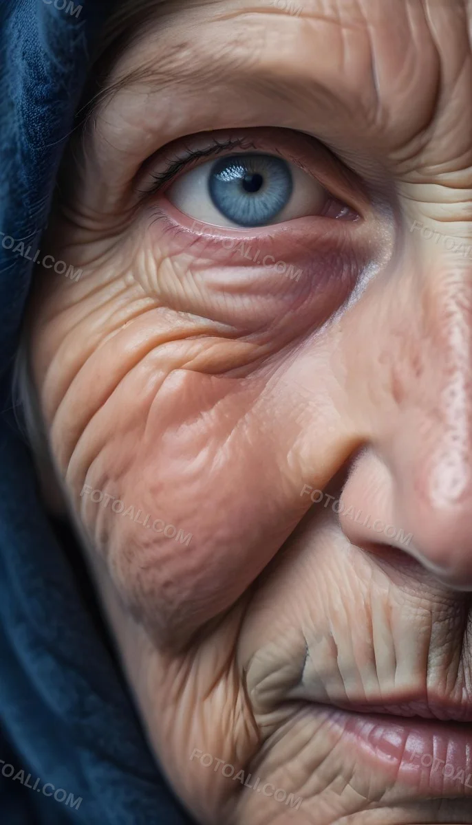 A Close Up Of A 80 Year Old White Woman With Blue Eyes Showing Deep Wrinkles And Skin Texture With A Dark Background 7 08cb