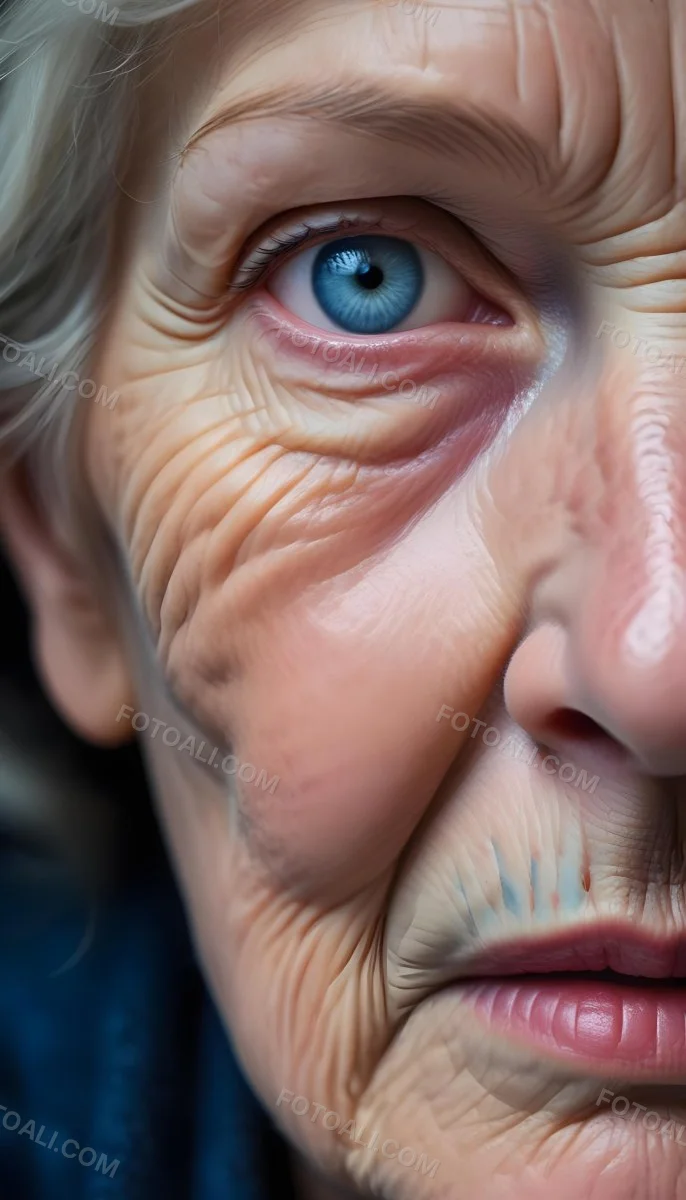 A Close Up Of A 80 Year Old White Woman With Blue Eyes Showing Deep Wrinkles And Skin Texture With A Dark Background 8 Ecc4