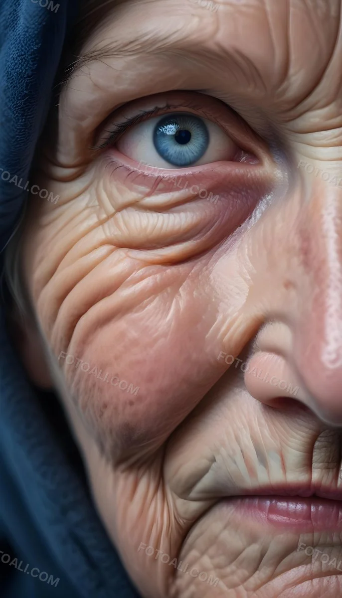 A Close Up Of A 80 Year Old White Woman With Blue Eyes Showing Deep Wrinkles And Skin Texture With A Dark Background 9 516c