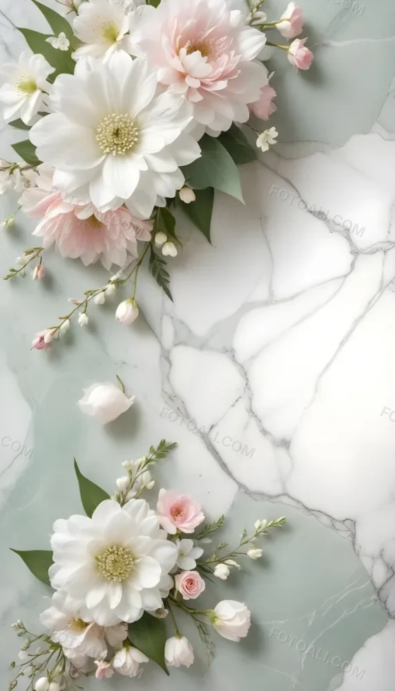 A Close Up Of A Beautiful Floral Arrangement With Large White Flowers Delicate Pink Petals And Green Leaves Against A Soft Blurred Marble Background The Arrangement Is Accented With Silver Jewelry And Gems C 14 022b