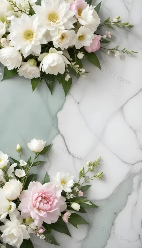 A Close Up Of A Beautiful Floral Arrangement With Large White Flowers Delicate Pink Petals And Green Leaves Against A Soft Blurred Marble Background The Arrangement Is Accented With Silver Jewelry And Gems C 15 5a5f