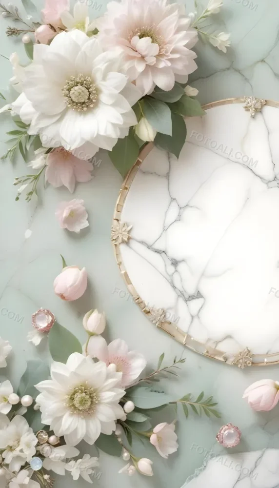 A Close Up Of A Beautiful Floral Arrangement With Large White Flowers Delicate Pink Petals And Green Leaves Against A Soft Blurred Marble Background The Arrangement Is Accented With Silver Jewelry And Gems C 21 4f2a