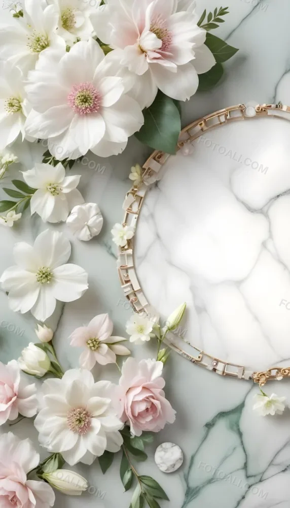 A Close Up Of A Beautiful Floral Arrangement With Large White Flowers Delicate Pink Petals And Green Leaves Against A Soft Blurred Marble Background The Arrangement Is Accented With Silver Jewelry And Gems C 22 5668