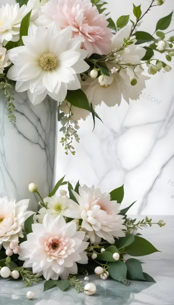A Close Up Of A Beautiful Floral Arrangement With Large White Flowers Delicate Pink Petals And Green Leaves Against A Soft Blurred Marble Background The Arrangement Is Accented With Silver Jewelry And Gems C 24 13b3