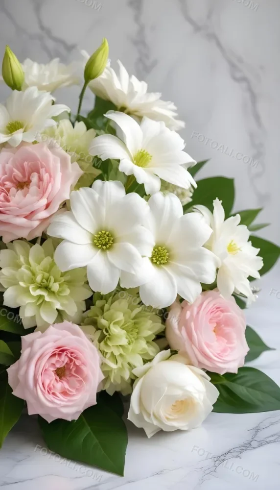 A Close Up Of A Beautiful Floral Arrangement With Large White Flowers Delicate Pink Petals And Green Leaves Against A Soft Blurred Marble Background The Arrangement Is Accented With Silver Jewelry And Gems C 3 3c2b