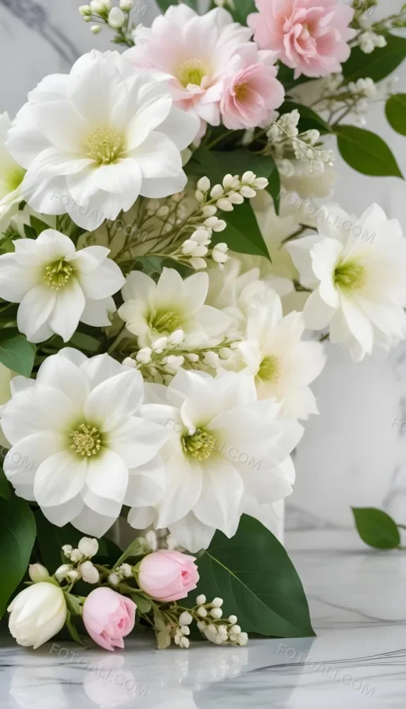 A Close Up Of A Beautiful Floral Arrangement With Large White Flowers Delicate Pink Petals And Green Leaves Against A Soft Blurred Marble Background The Arrangement Is Accented With Silver Jewelry And Gems C 7 2978