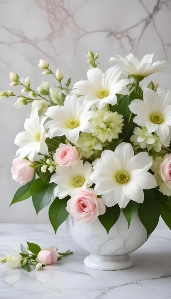 A Close Up Of A Beautiful Floral Arrangement With Large White Flowers Delicate Pink Petals And Green Leaves Against A Soft Blurred Marble Background The Arrangement Is Accented With Silver Jewelry And Gems C 8 5aed