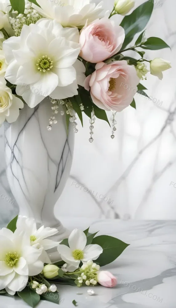 A Close Up Of A Beautiful Floral Arrangement With Large White Flowers Delicate Pink Petals And Green Leaves Against A Soft Blurred Marble Background The Arrangement Is Accented With Silver Jewelry And Gems C 9 171e