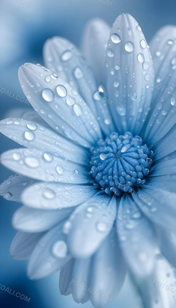 A Close Up Of A Blue Daisy Flower With Water Droplets On The Petals Against A Blurred Blue Background 1 Bc1c