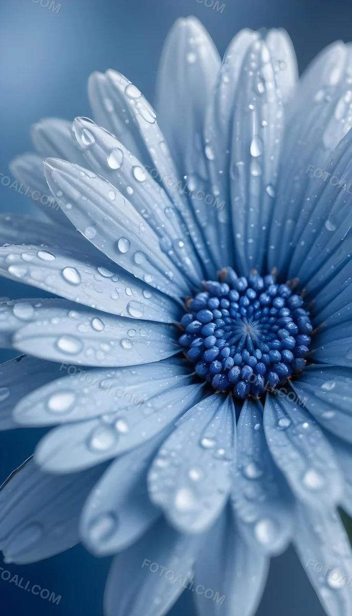 A Close Up Of A Blue Daisy Flower With Water Droplets On The Petals Against A Blurred Blue Background 10 Be50
