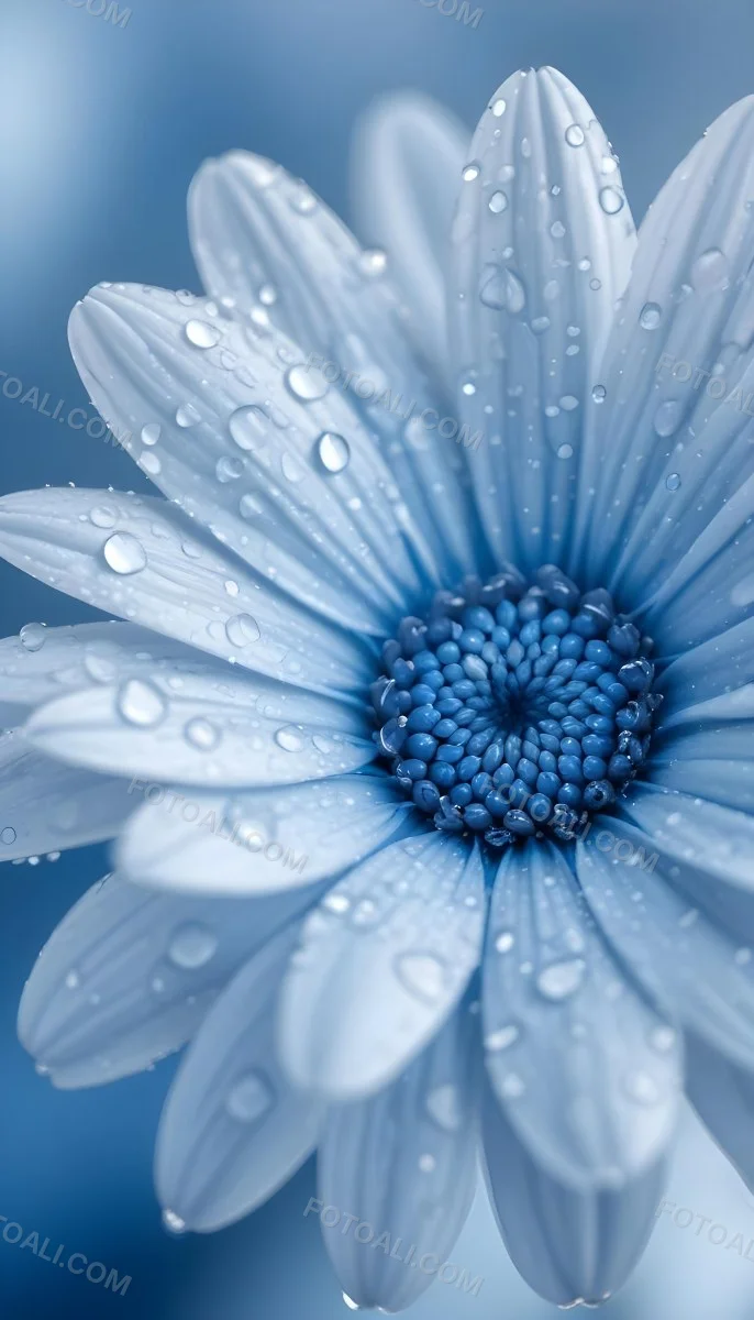 A Close Up Of A Blue Daisy Flower With Water Droplets On The Petals Against A Blurred Blue Background 12 07f0